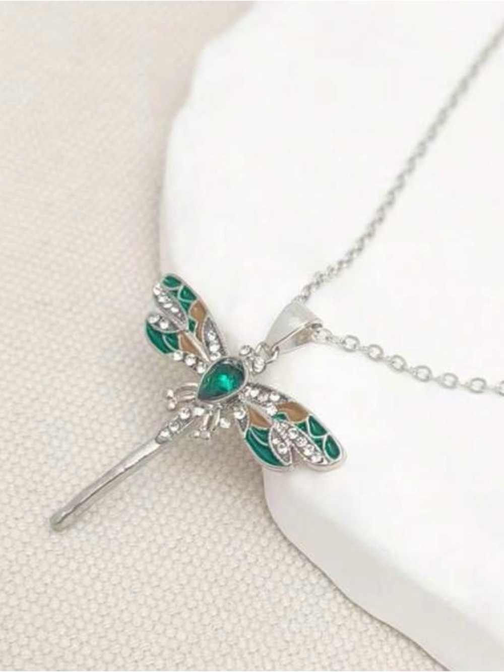 Silver Dragonfly Pendant Necklace with Emerald Green Accents